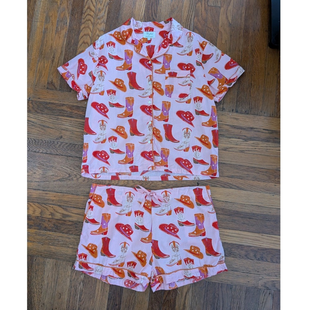 The Mahogany Store Pink Cowboy Boot Print Cotton Pajama Set Shorts Top Large